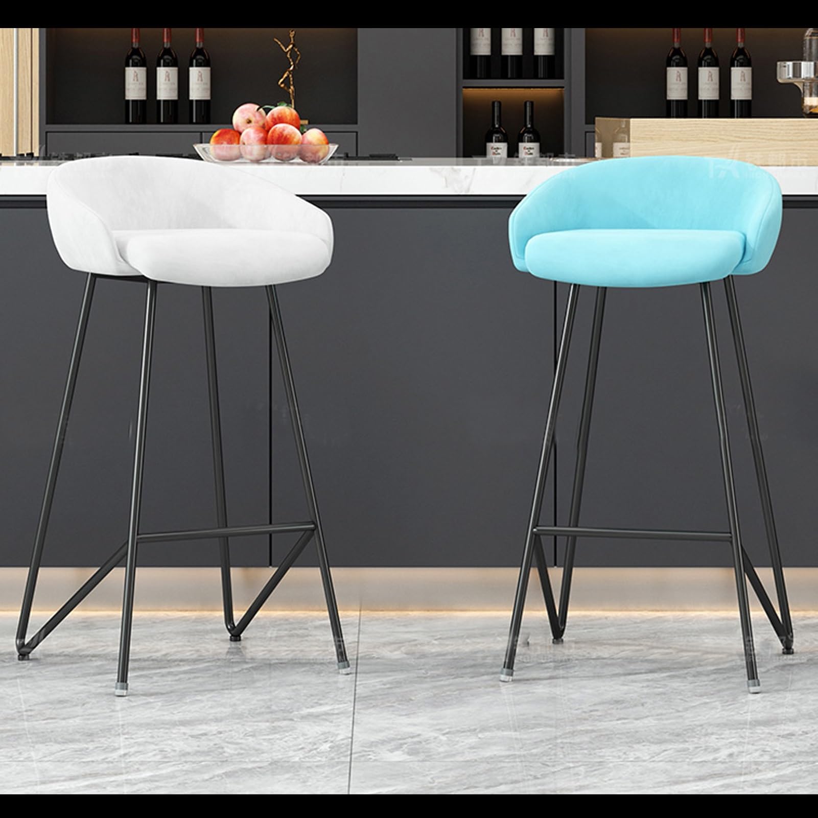 Sgabelli da bar in velluto con gambe in metallo, seduta imbottita per bancone da cucina, colazione, sala da pranzo, soggiorno, casa