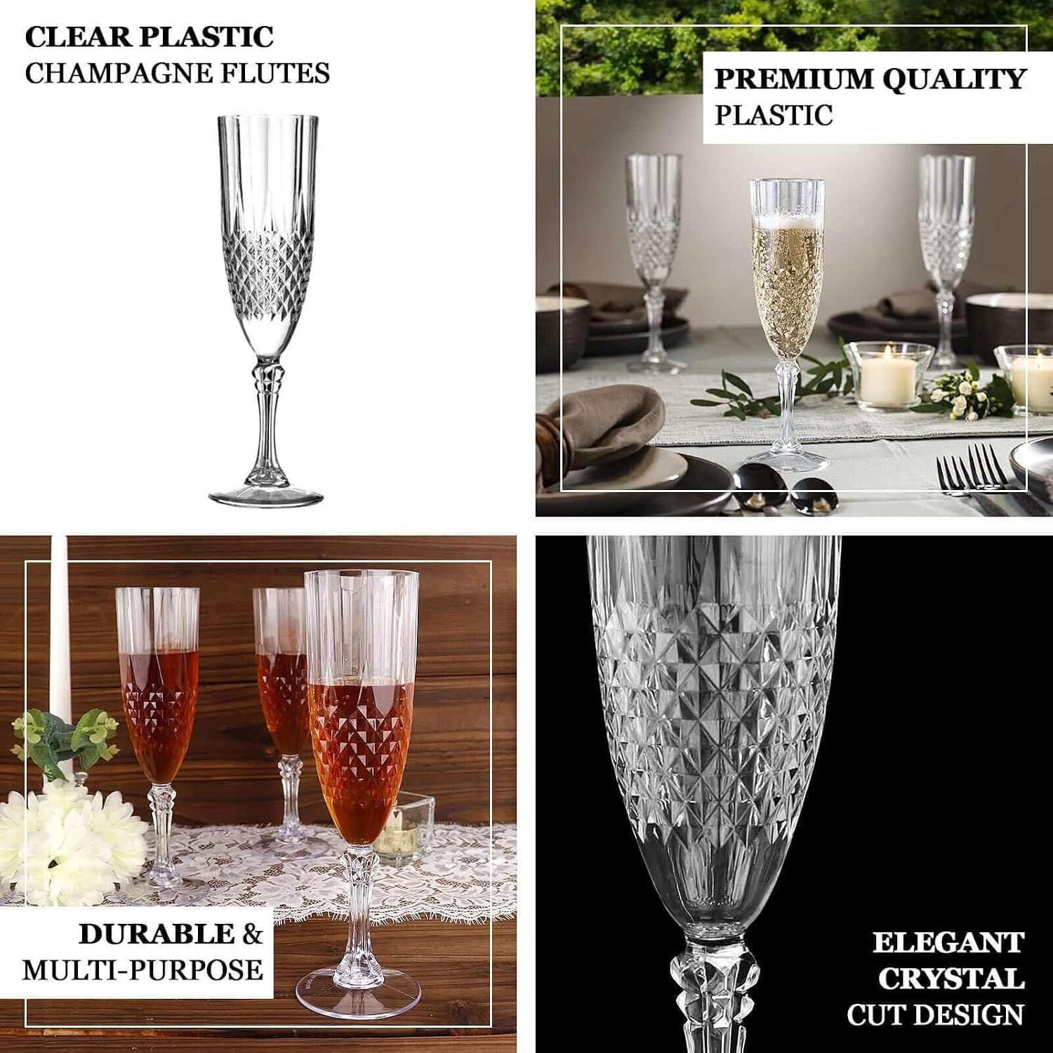 Efavormart 6-Pack 8oz Hunter Green Crystal Cut Plastic Champagne Flutes; Regal Tinted Shatterproof Toasting Glasses for Winter Galas and Formal Events