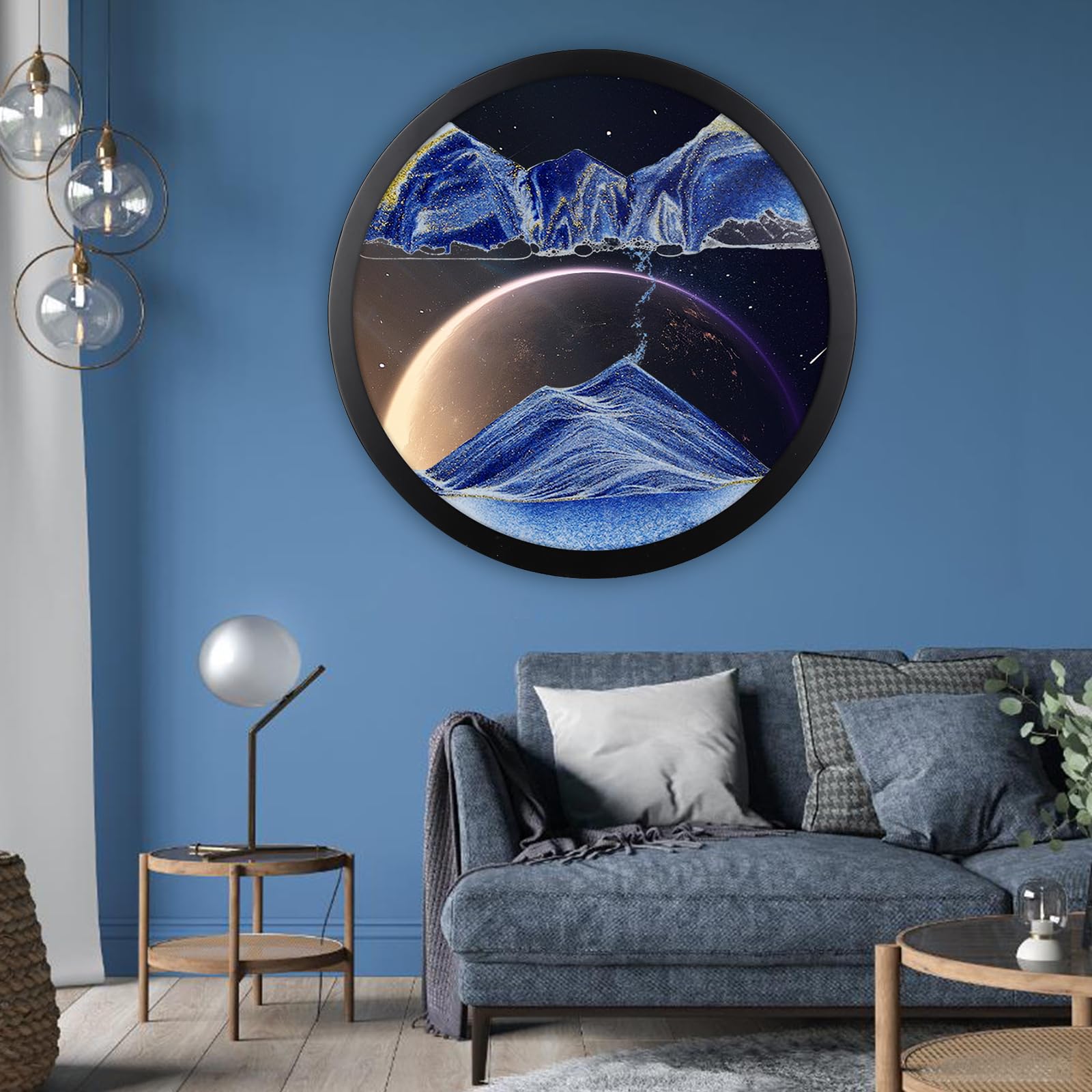 24" Moving Sand Art, 3D Sand Art Pictures Deep Sea Sandscape Living Room Decoration, 360° Rotate, Glass Crafts Solid Wood Frame, Relaxing Mood Home Office Work Wall Art Decor