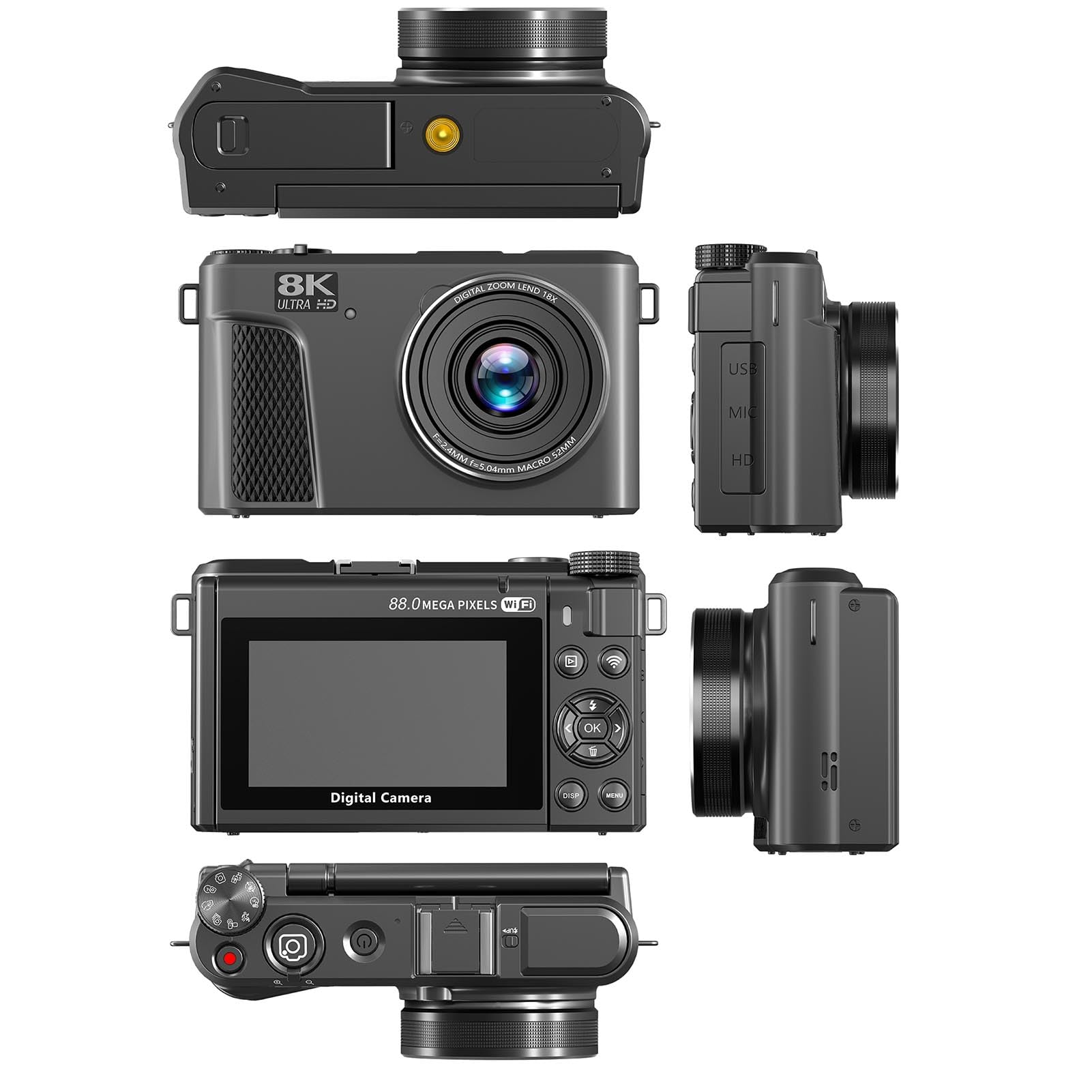 Fockety Aparat cyfrowy 8K, aparat do vlogowania z autofokusem 88 MP, 3-calowym ekranem Ultra HD 180° z funkcją obrotu, 18-krotnym zoomem, aparat typu „point and shoot” (BLACK)