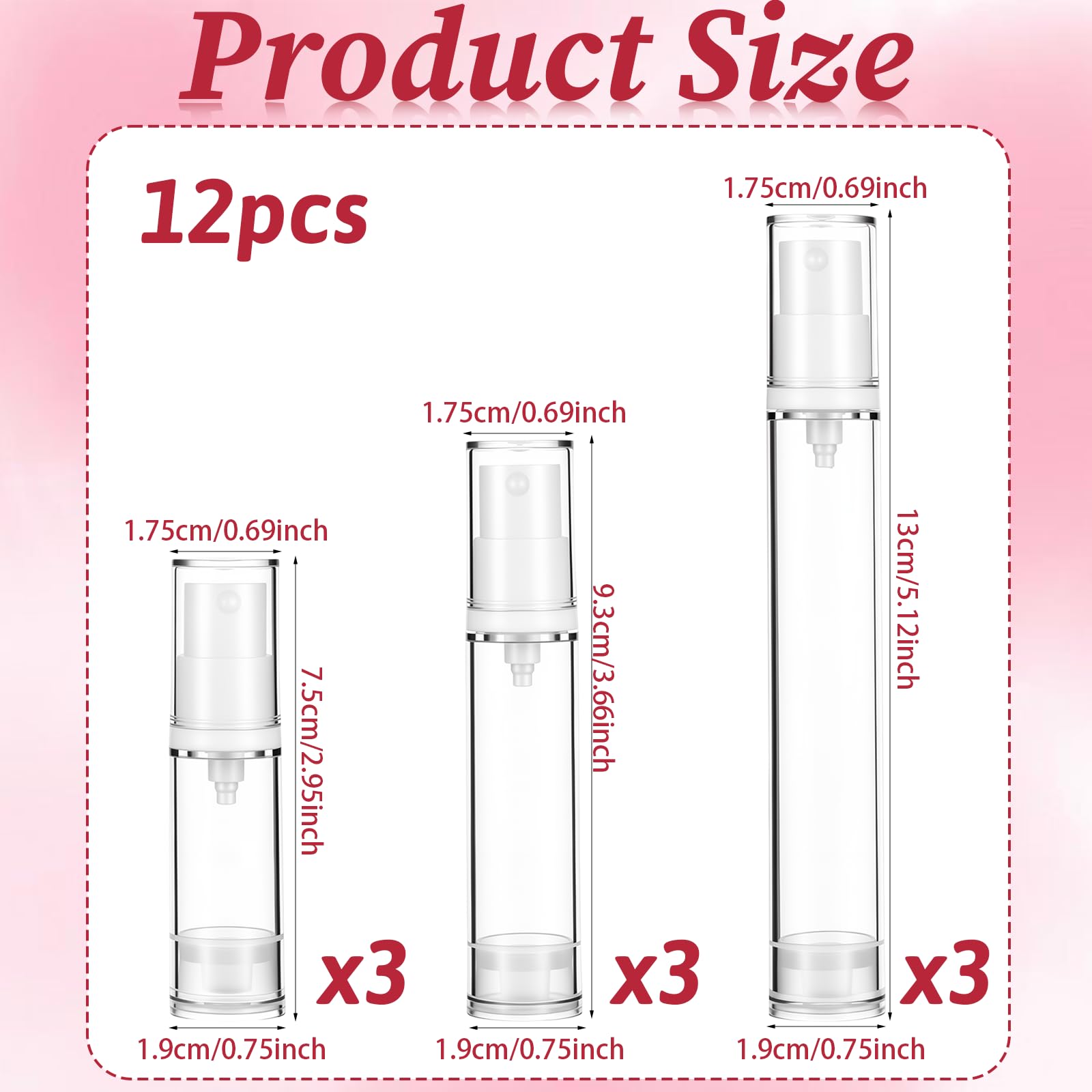 Airless, 12 sztuk dozowników z pompką, 5/10/15 ml, małe butelki na krem, do wielokrotnego napełniania, do podróży, balsamów, szamponów, kosmetyków