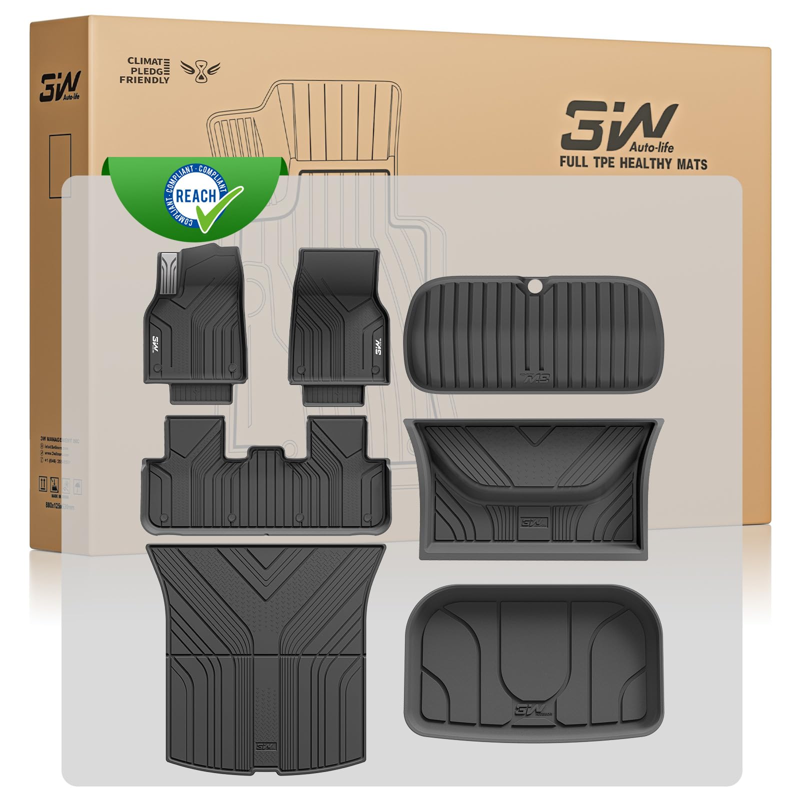 3W Set de 7 para Tesla Model Y Juniper 2025-2026(No para New Standard 2026), Alfombrillas y Bandeja de Maletero y Protector de Asiento, Thorex™ para Todo Tipo de Clima, Alfombrilla a Medida 1-2 Filas