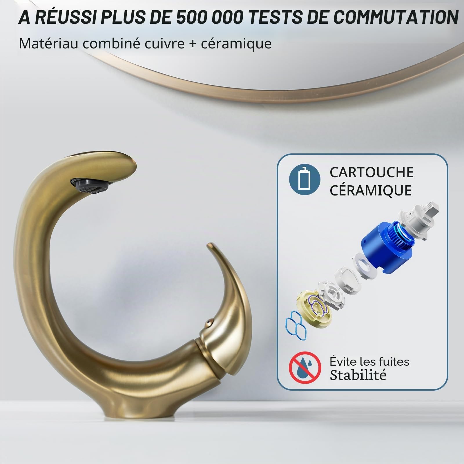 Hermodly Robinet de Salle de Bain - Robinet de Lavabo en Laiton Froid et Chaud - Mitigeur Monocommande - Or - Style Contemporain - Montage sur Pont - Salle de Bain