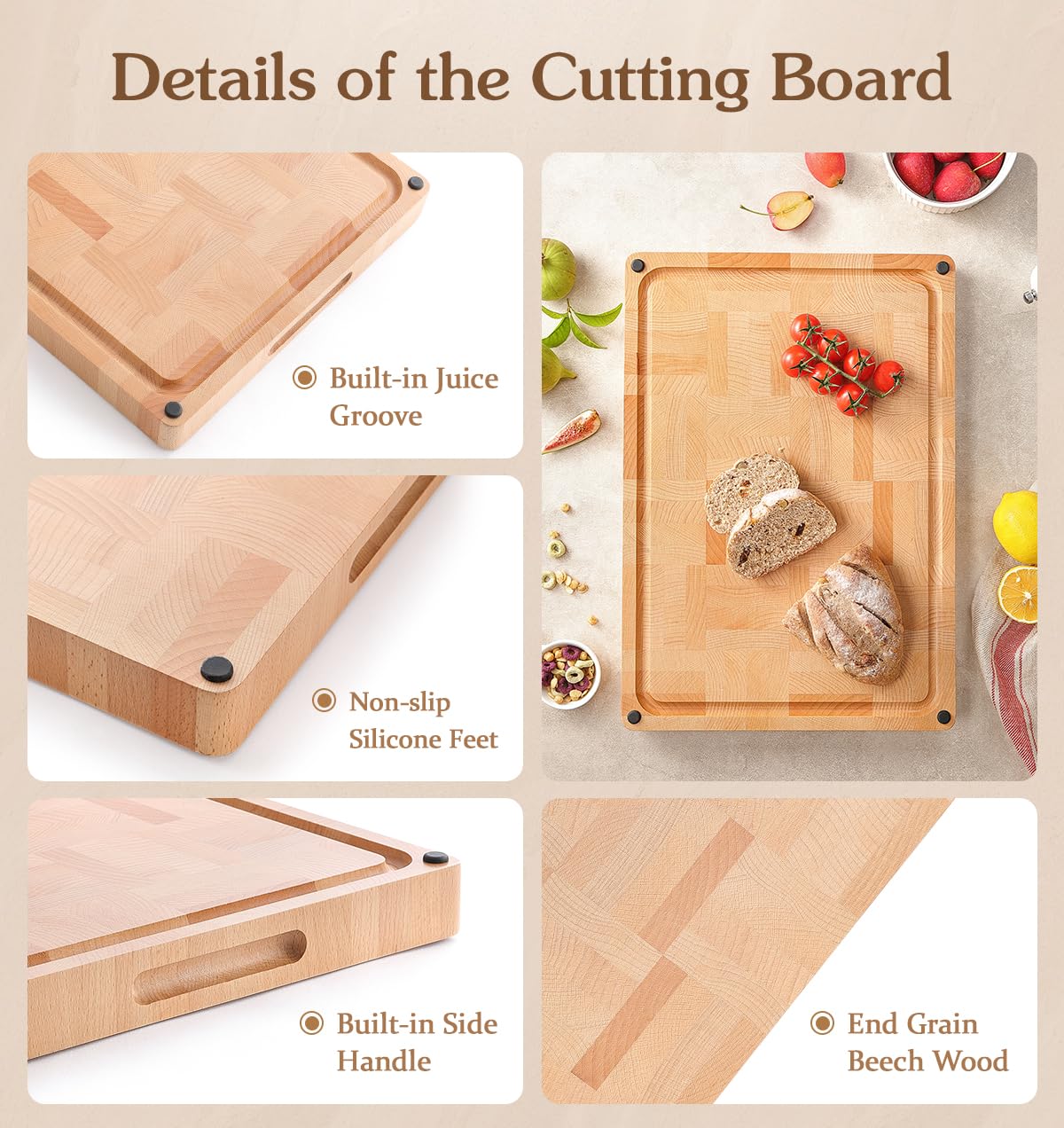 HEZHEN Cutting Board, End Wood Grain Chopper Board, Built-in Juice Grooves& Handle, Beechwood Serving Board Serving Tray - Image 3