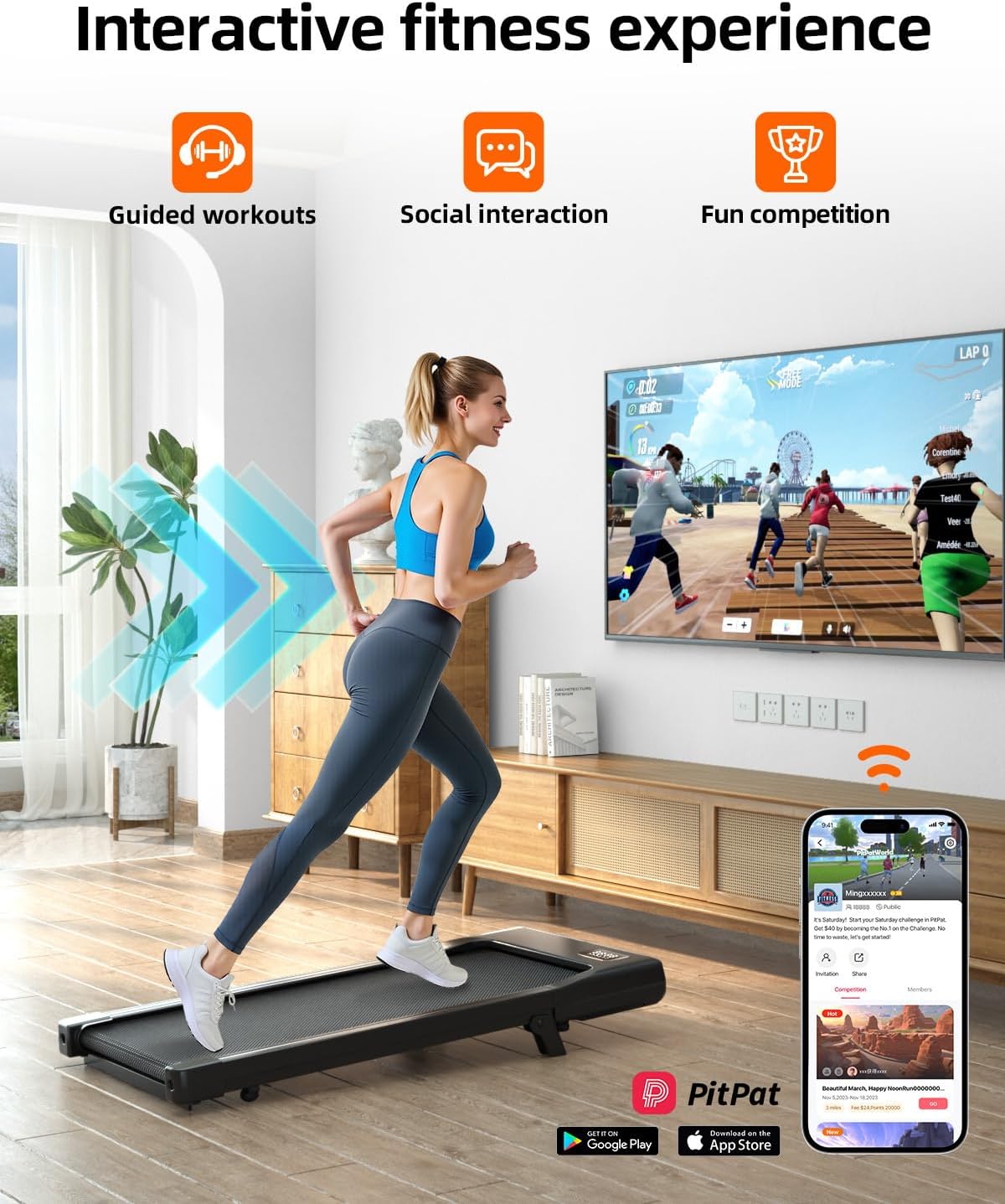 DeerRun Under Desk Walking Pad Treadmill showing different training modes: Working mode (0.6-1.8 MPH), Walking mode (1.8-2.8 MPH), Running mode (2.8-3.8 MPH)