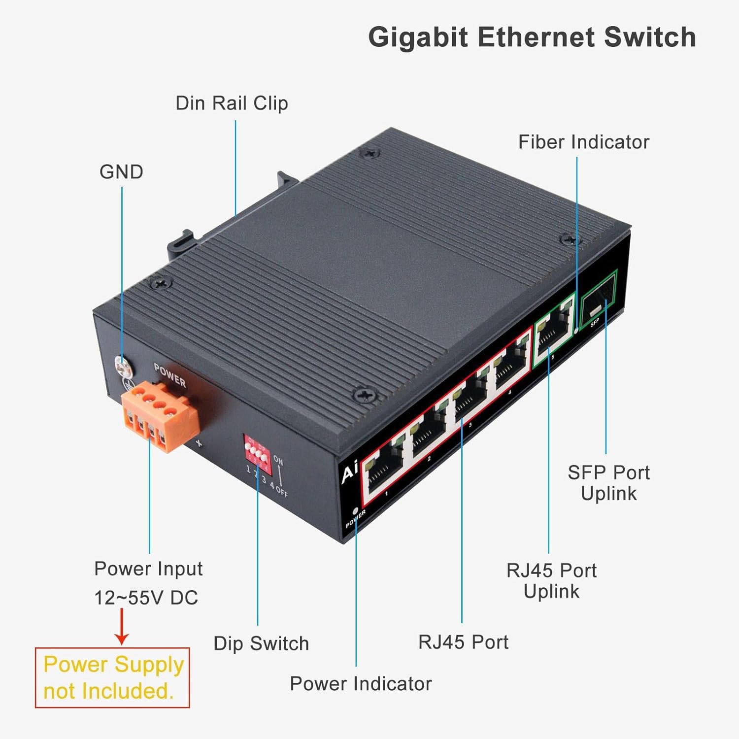 Industrial 6 Ports Gigabit Ethernet Switch Hardened 5 Port RJ45 10/100/1000Mbps Network Switch with SFP Slot Din Rail RJ45 Fiber Switch -40 to 176 ºF Din-Rail Mount Ethernet Hub