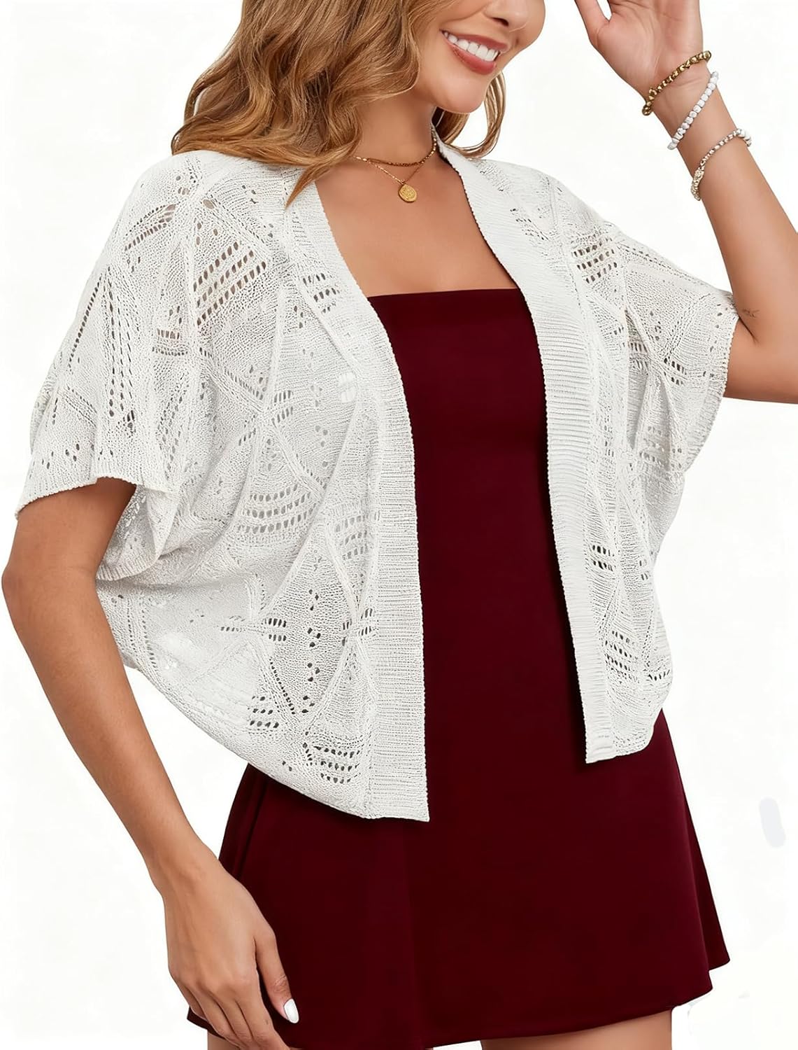 Women's Shrug Crochet Cropped Cardigan Lightweight Hollow-Out Batwing Sleeve Open Front Bolero Sweaters