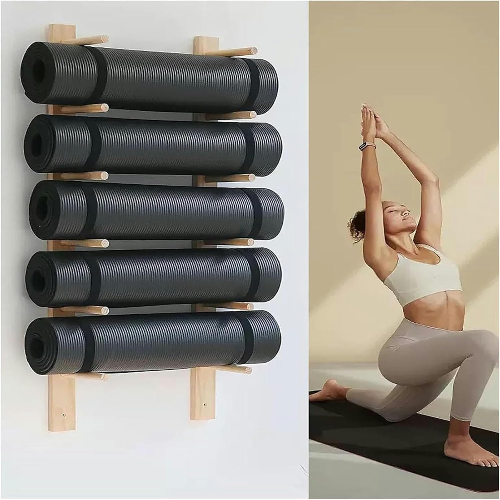 Estante de Almacenamiento para Esterilla de Yoga de Madera para Colgar en la Pared, Organizador de Gimnasio, Estante de Almacenamiento Colgante Comercial para Sujetar Rodillos de Espuma