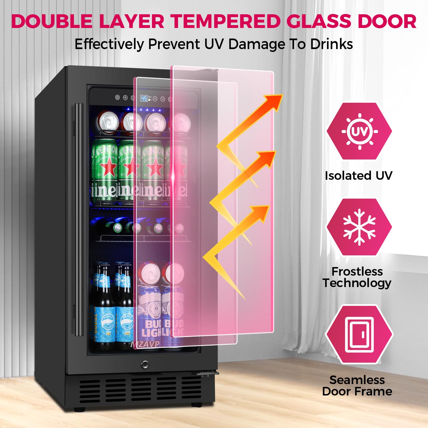 Mzavp 15 Inch Beverage Cooler Refrigerator, 15" Beverage Cooler Under Counter 130 Cans Beverage Fridge With Glass Door, Freestanding Or Built-In Mini Drinks Fridge With Lock For Soda, Beer, Black on Fridge.com - View 5