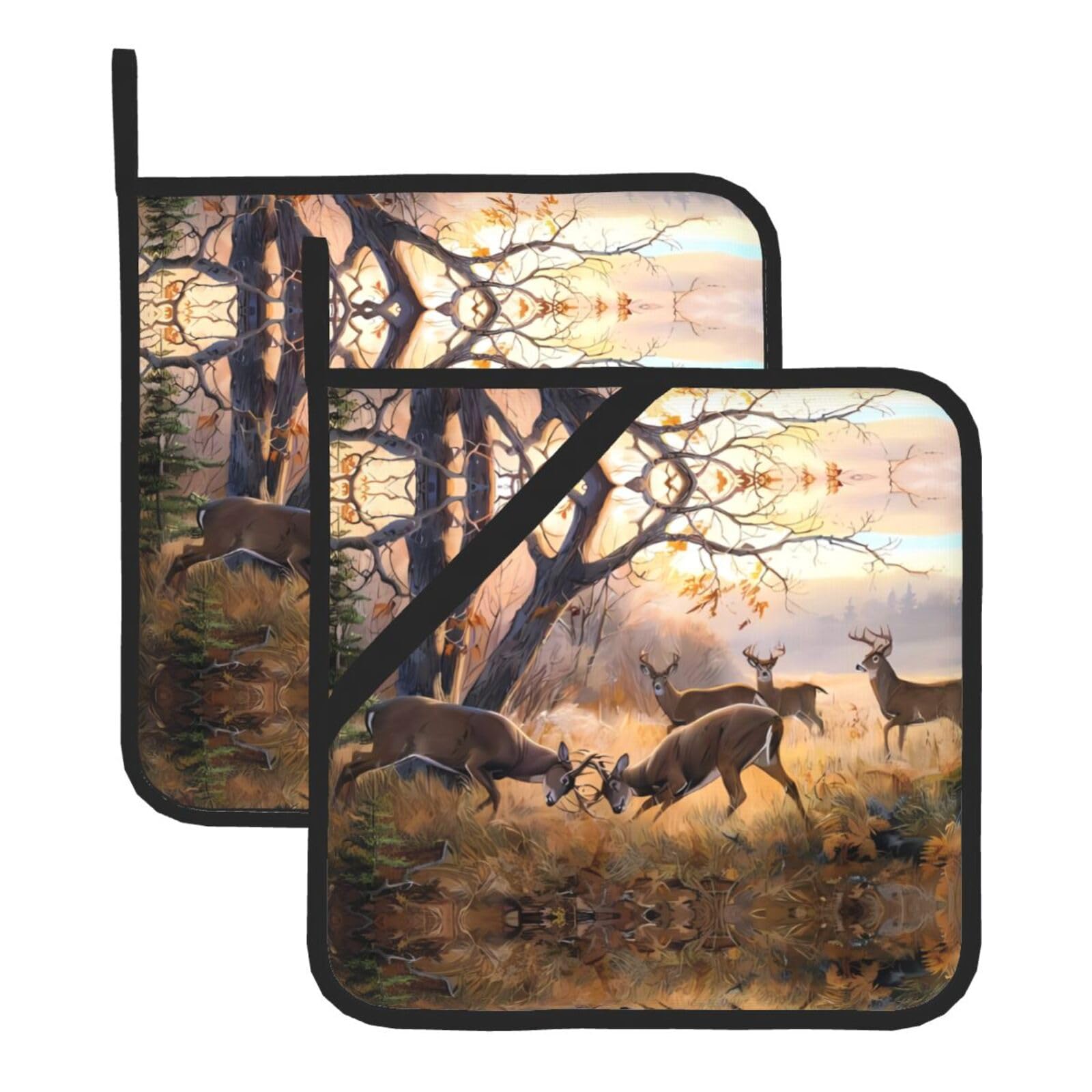 YYHWHJDE Deer Hunting Prints Square Hot Pads for Kitchen Counter - Waterproof Pot Holders, Durable Oven Mitt Layers with Hanging Loop, Heat Resistant Trivets (2-Pack)