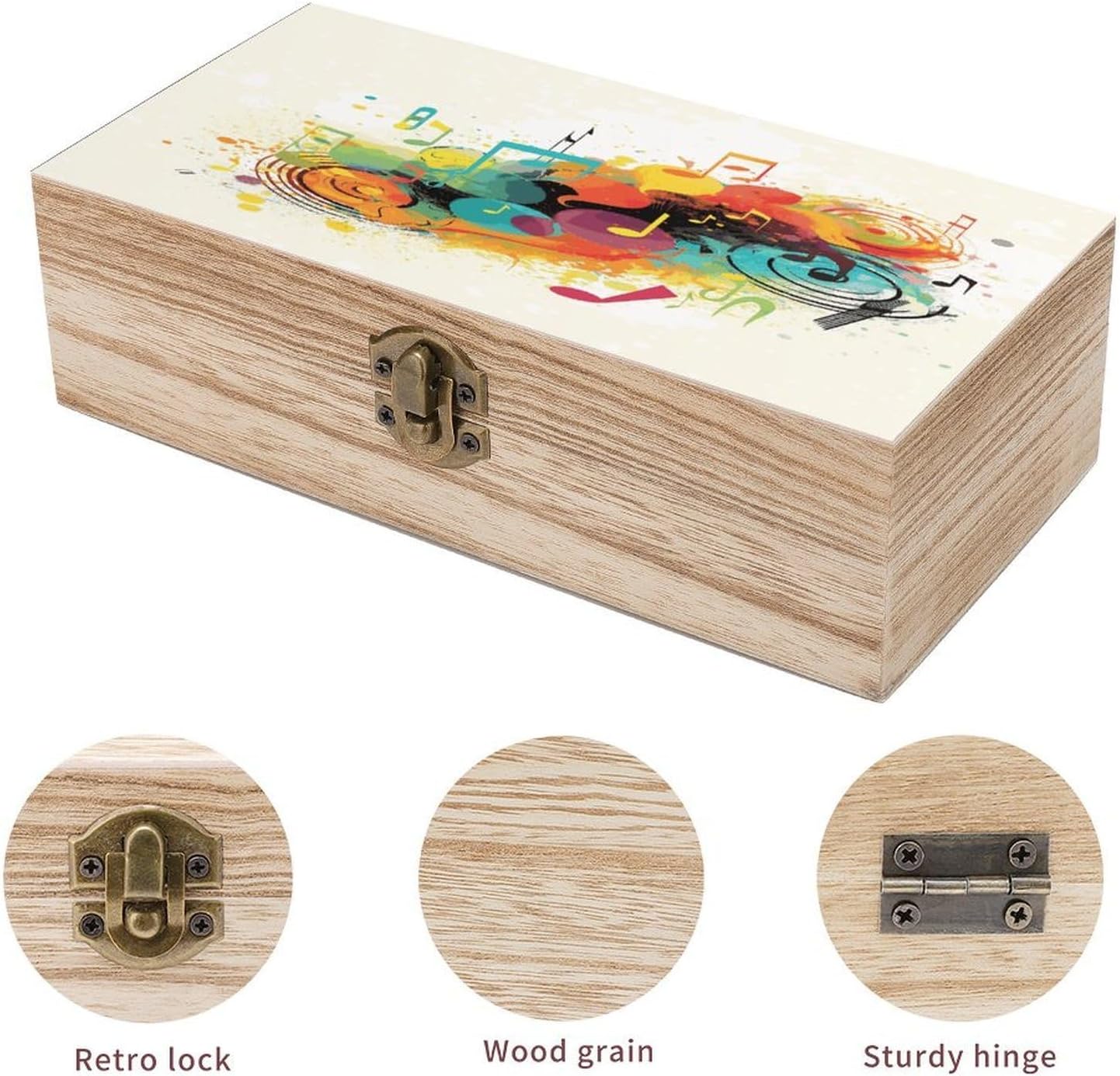 Abstract Music Themed Decorative Wooden Storage Box with Hinged Latch Lid, Natural Wood Keepsake Organizer Box for Photos Trinkets Home Desktop Decor Gift image 3