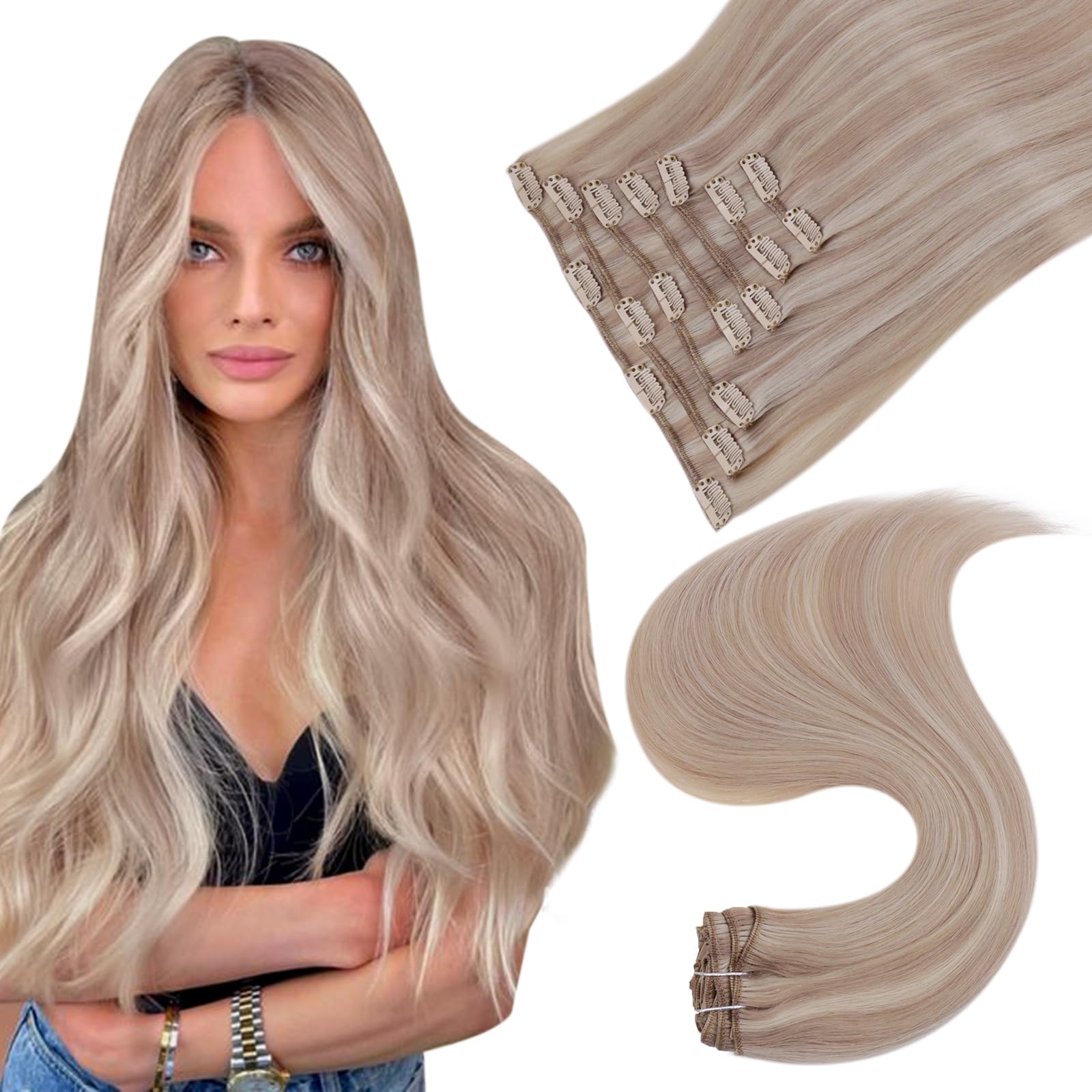 Easyouth Clip in Extensions Real Human Hair Blond Clip in Human Hair Extensions Ash Blonde Mixed Bleach Blonde Real Clips in Extension Soft and Silky 20Inch 120G 7Pcs #18P613