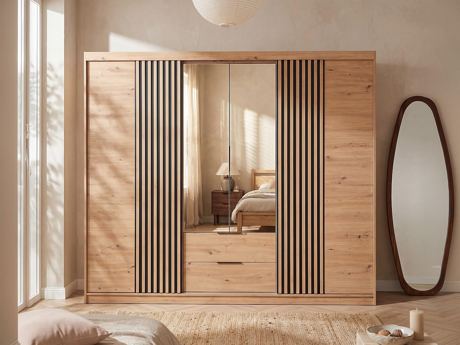 Vente-unique - Armoire 4 Portes et 2 tiroirs - avec Miroir - L250 cm - Coloris : Naturel - SIDOVIA