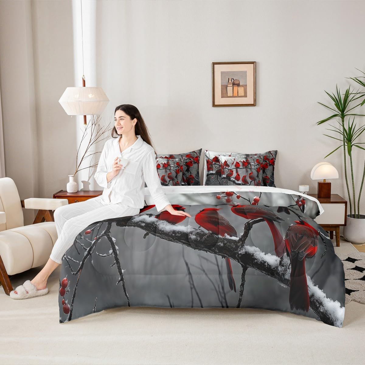 Cardinal King 7-Piece Bedding Set Winter Branches Christmas Comforter Set with Sheets Christmas Bird Bed in a Bag with Flat and Fitted Sheet Xmas Flying Safari Animal Bedding Sets & Collections