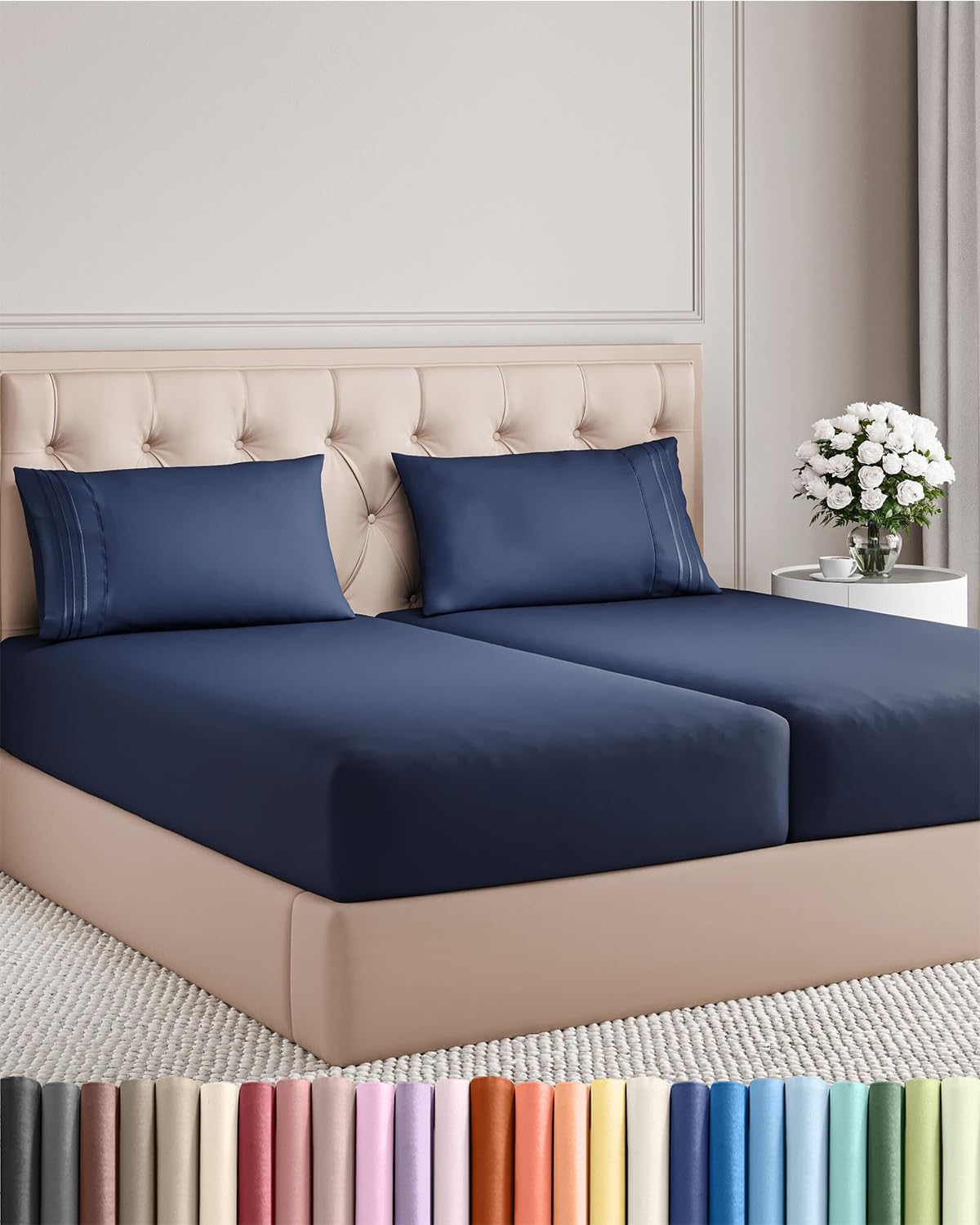 Split King Size 5 Piece Sheet Set - Comfy Breathable & Cooling Bed Sheets Set - Hotel Luxury Bedding for Women, Men, Kids, Teens, Boys & Girls - Deep Pockets, Soft, Wrinkle Free - Oeko-Tex - Navy Blue
