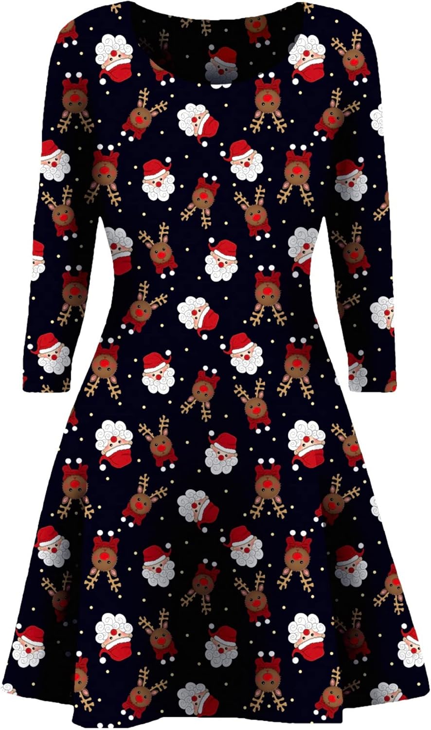 Womens Christmas Party Dress Snowman Swing Dress Novelty Printed Skater Xmas Dress Secret Santa Gift US Size 4-22