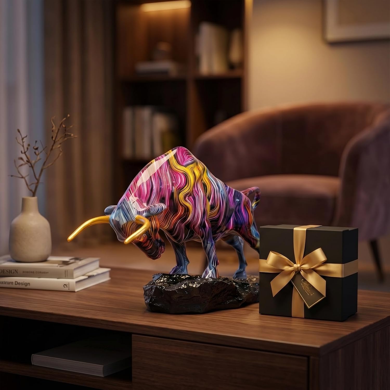 Abstract Fluid Art Bull Statue - 13.6" Modern Charging Bull Sculpture, Colorful Liquid Marble Animal Figurine for Home Office Desk Decor, Unique Financial Wealth Gift for Stock Traders & Men