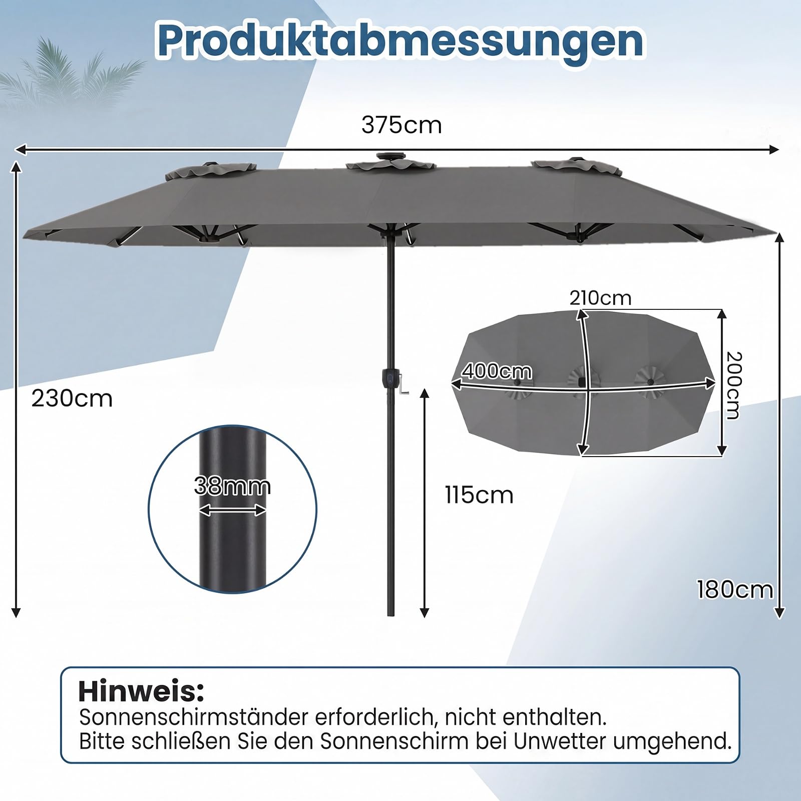 COSTWAY Doppelsonnenschirm 375x200cm, Doppel Sonnenschirm mit LED-Solar-Beleuchtung, 12 Beleuchtungsmodi, 2 Lademöglichkeiten, Gartenschirm mit Kurbel, Terrassenschirm, Marktschirm (Grau)