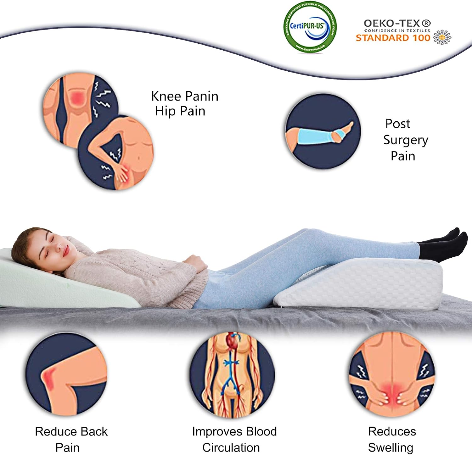 WAJ Bed Wedge Pillow for Sleeping Elevated Support Wedge Pillow with Cooling Memory Foam Top Snoring Pillow for Lower Back Pain Acid Reflux Heartburn Allergies and Legs,Removable Washable Cover
