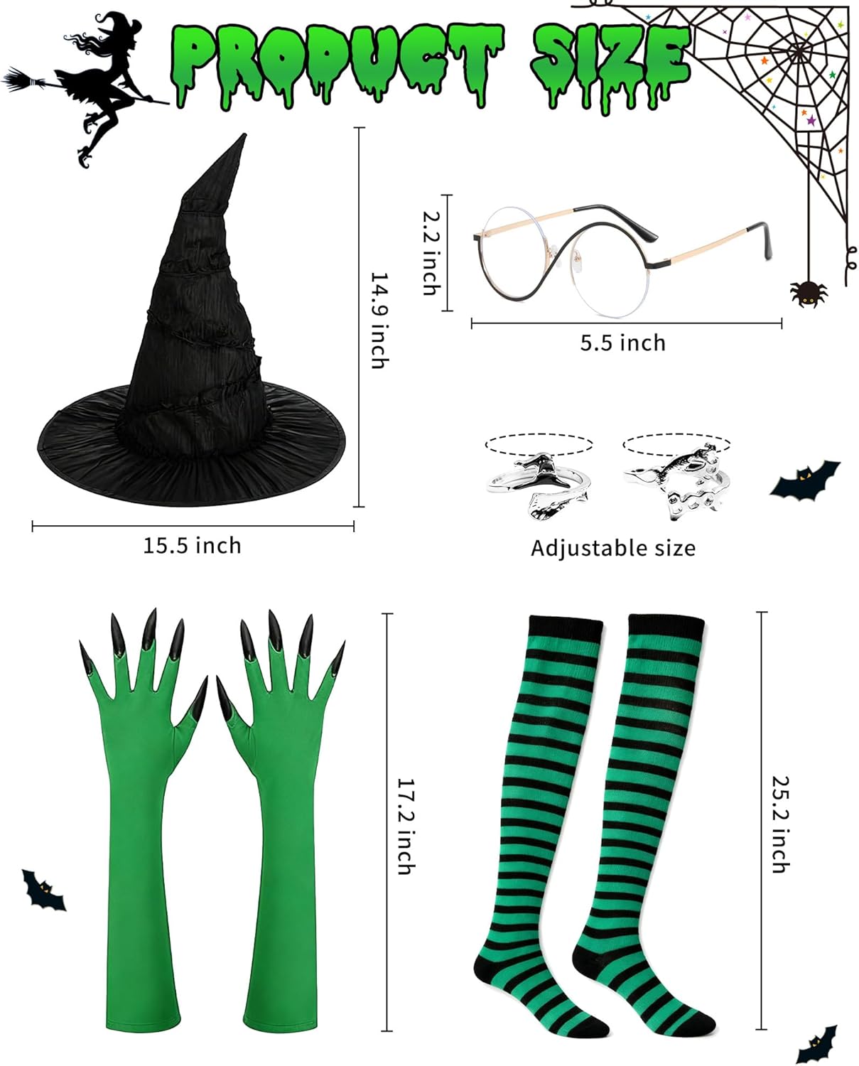 Witch Costume Set for Women Girls 6PCS Halloween Wicked Witch Costume Accessories with Hat Glasses Green Gloves Socks Ring Adult Halloween Costume Accessories for Cosplay Fantasy - Image 3