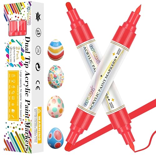 GPLMQ Paint Markers Paint Pens - 2 Pack Dual Tip Acrylic Permanent Marker (0.7mm & 3mm), Non-Toxic, Water-Based for Art Painting, Stone, Ceramic, Glass, Wood, Fabric, Metal, DIY Crafts (Red) - Red