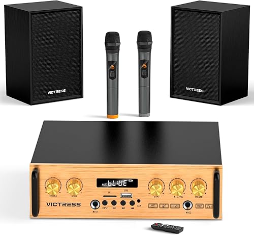 Bluetooth Audio Amplifier, UHF Wireless Microphone System with 2.1 Channel HiFi External Speaker with USB/TF/FM/TWS, Treble and Bass Adjustment for