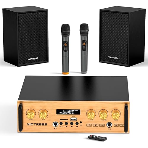 All-in-One 500W Power Amplifier for Home Audio, Bluetooth 5.0 with 2 HiFi Speaker&Wireless UHF Microphones, 2 Channel Stereo Amplifier Set for Home/Party/Music, USB/TF/AUX, Remote Control (Gold)