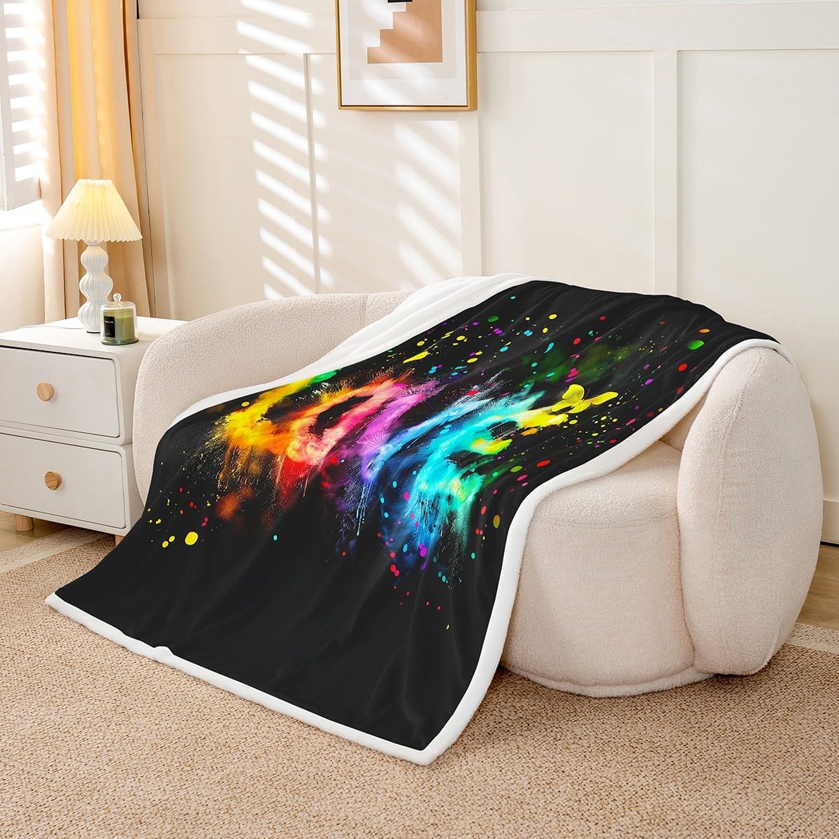 Watercolor Love Print Kids Flannel Blanket,Valentine's Day Theme Black Fuzzy Blanket for Children,Butterfly Animal Tie Dye Graffiti Polyester Throw Blanket for Couch, Twin Size (60 x 80 Inch)