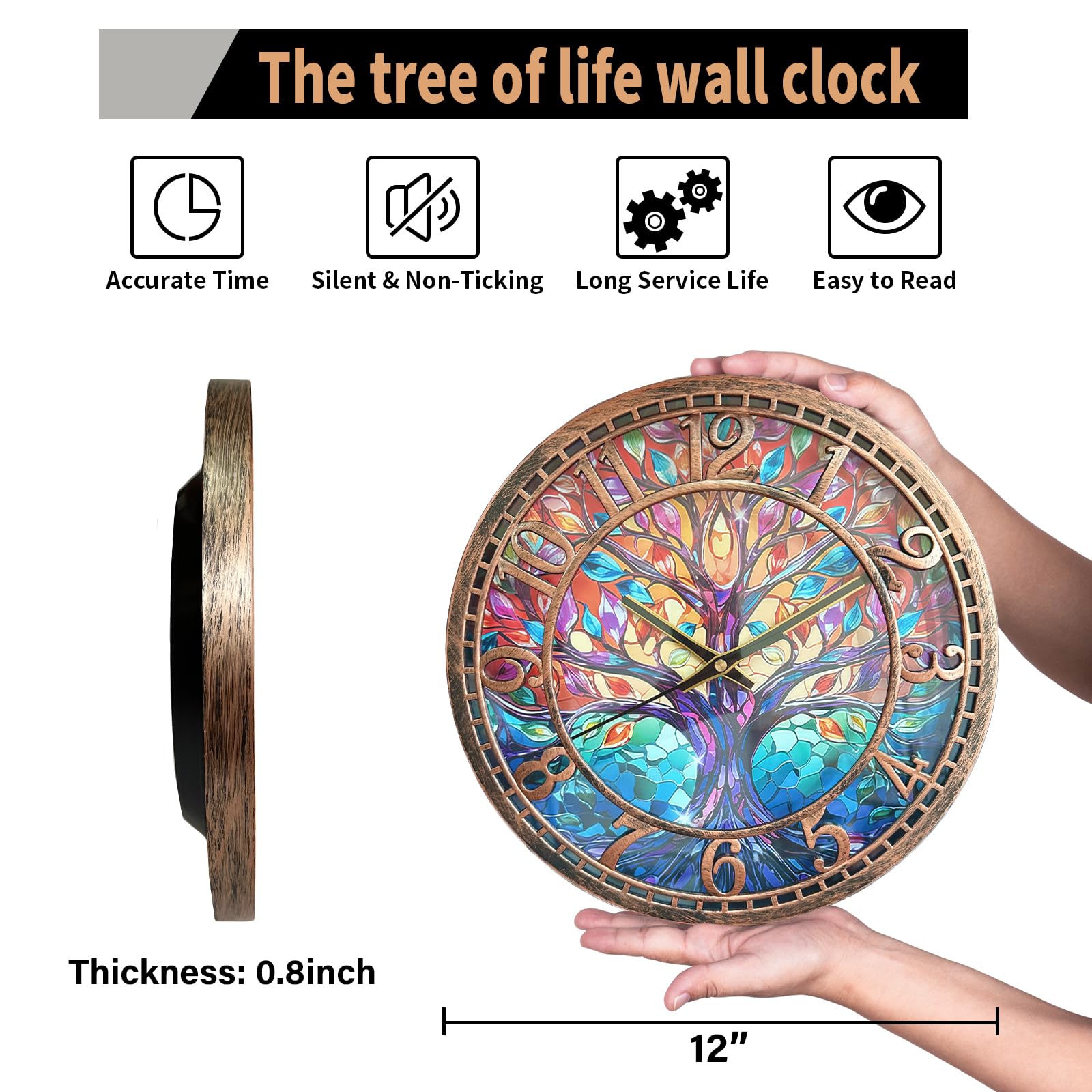 Tree of Life Wall Clock 12inch Silent Movement Non-Ticking Clock Precise Timekeeping Wall Clock Suitable for Living Rooms Bedrooms Offices Ideal for Home Decor Gifts Antique Copper