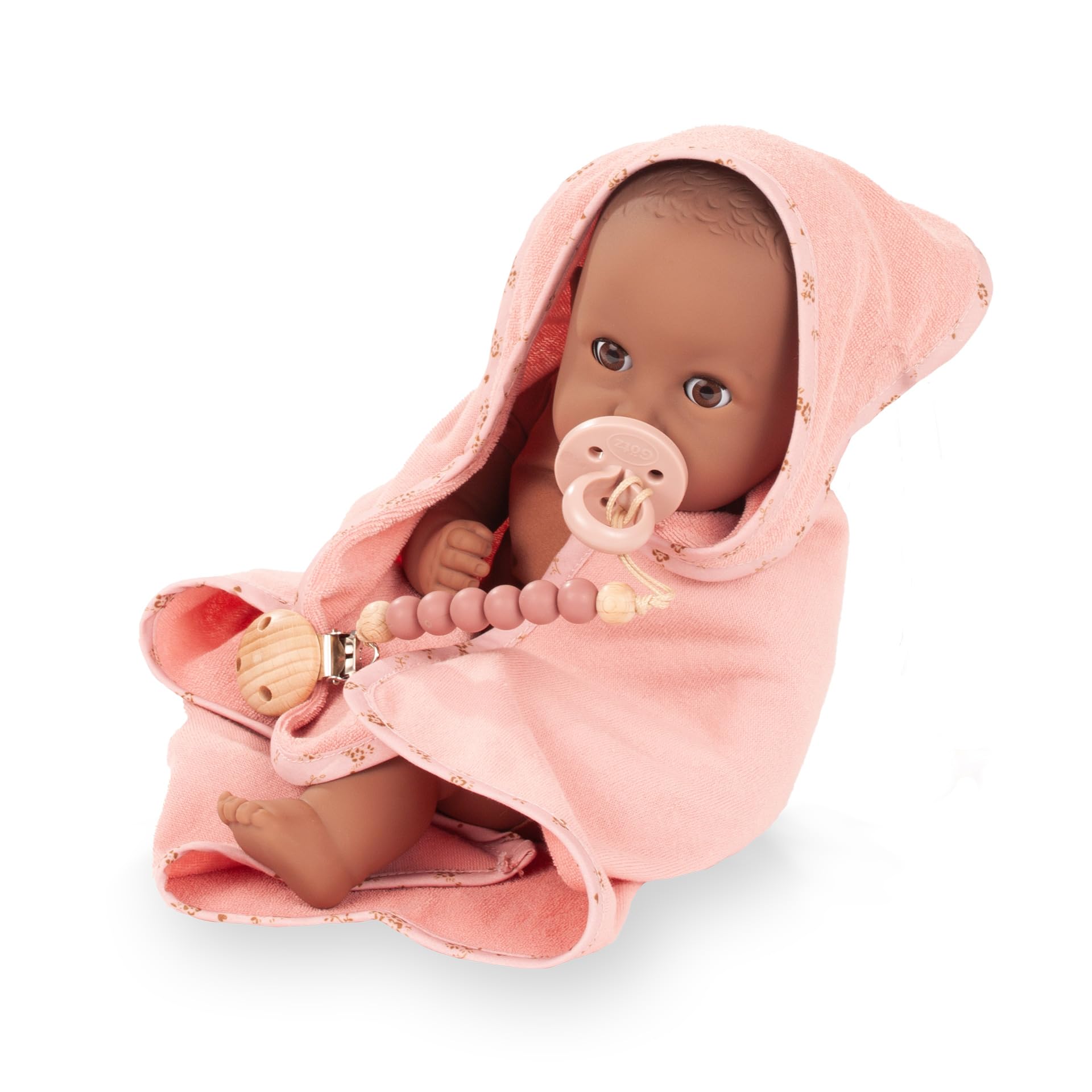 Götz 2616875 Cosy Aquini Millefleur Puppe 33 cm Badepuppe 8-TLG | für Kinder ab 3 Jahren, Babypuppe, ohne Haare, Weichkörper, braune Schlafaugen, Schnuller und Badetuch