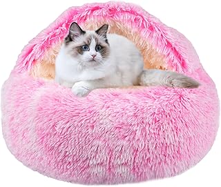 Calming Dog Beds & Cat Cave Bed with Hooded Cover,Removable Washable Round Beds for Small Medium Pets,Anti-Slip Faux Fur Fluffy Coved Bed,Comfortable Warming Pet Bed (20 * 20inch, Pink)