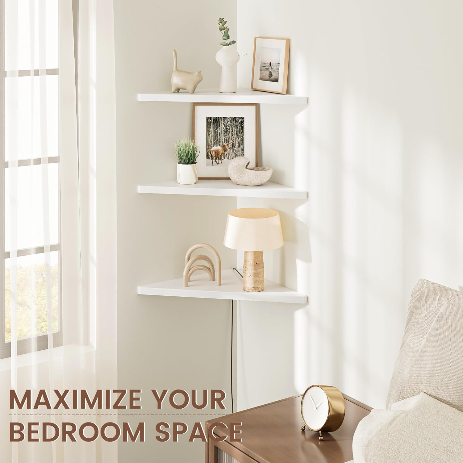 Corner Shelf Wall Mount, Engineered Wood Floating Corner Shelves with Cable Hole, Wall Mounted Storage Display for Bathroom, Bedroom, Living Room, Kitchen (12in, White, Triangle Shape)