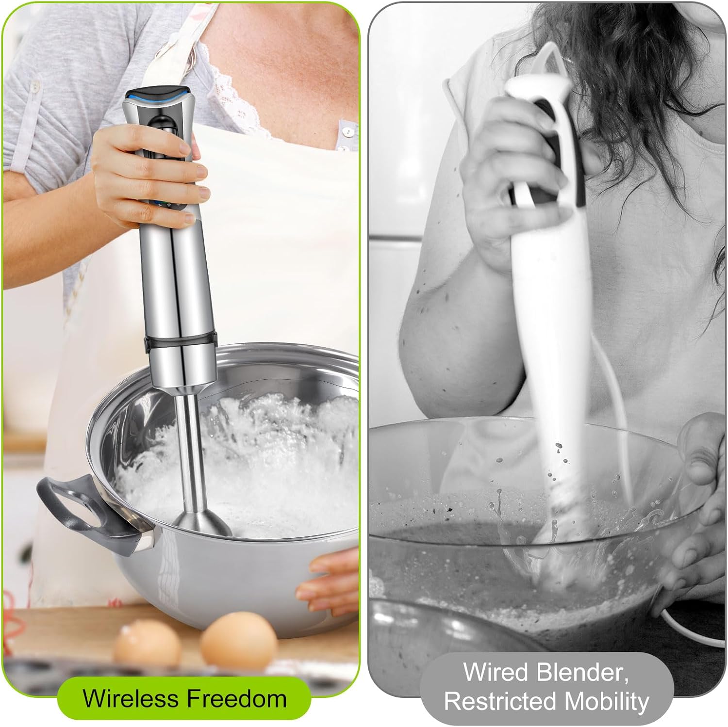 Image comparing wireless blending freedom with a wired blender's restricted mobility.