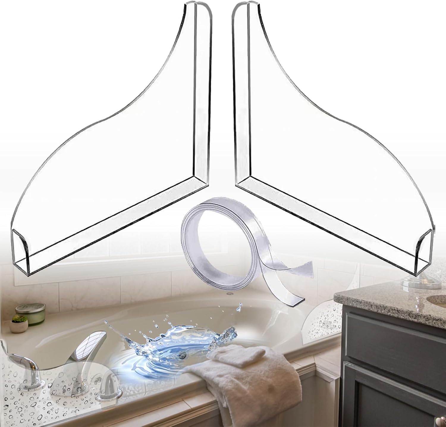 SEEBRIDER Splash Guard for Bathtub, 2PCS Shower Corner Water Guard Acrylic Self