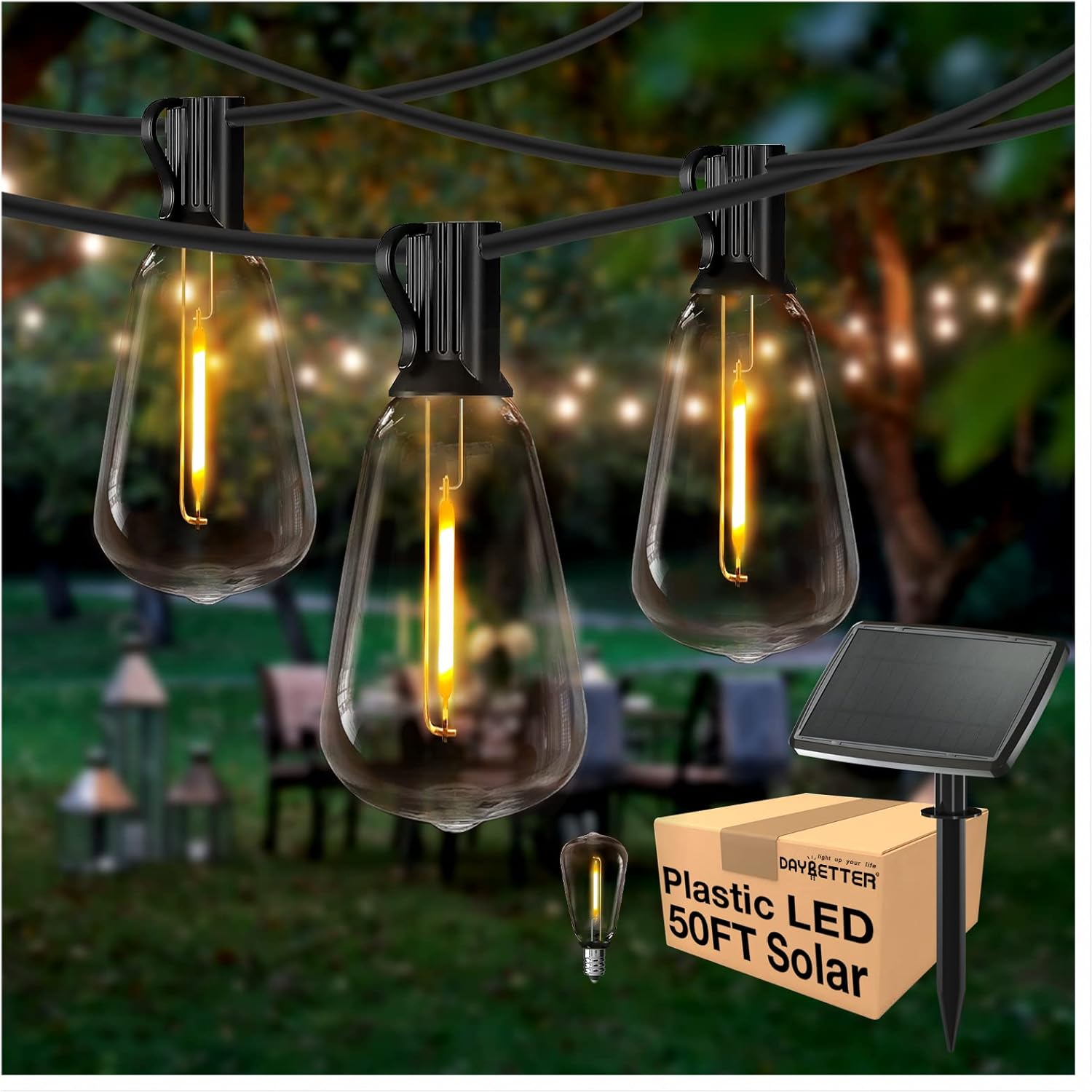 DAYBETTER 50ft Solar Outdoor String Lights Waterproof, ST38 LED Patio