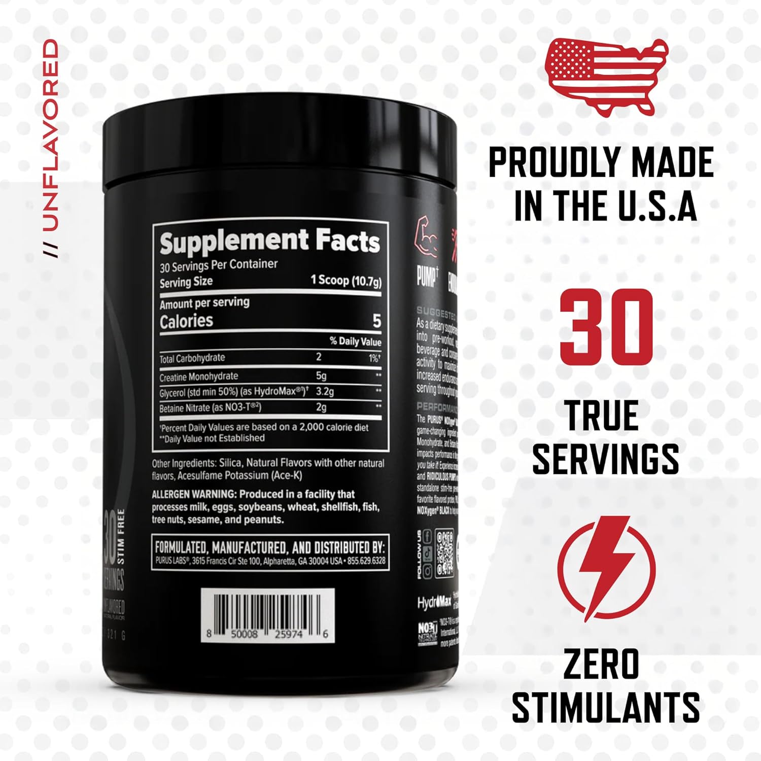 Purus Labs NOXygen Black Powder Pre-Workout Accelerator | Nitric Oxide Booster & Oxygen Amplifier | Hydromax Glycerol & NO3-T Nitrates | 30 Servings (Unflavored)