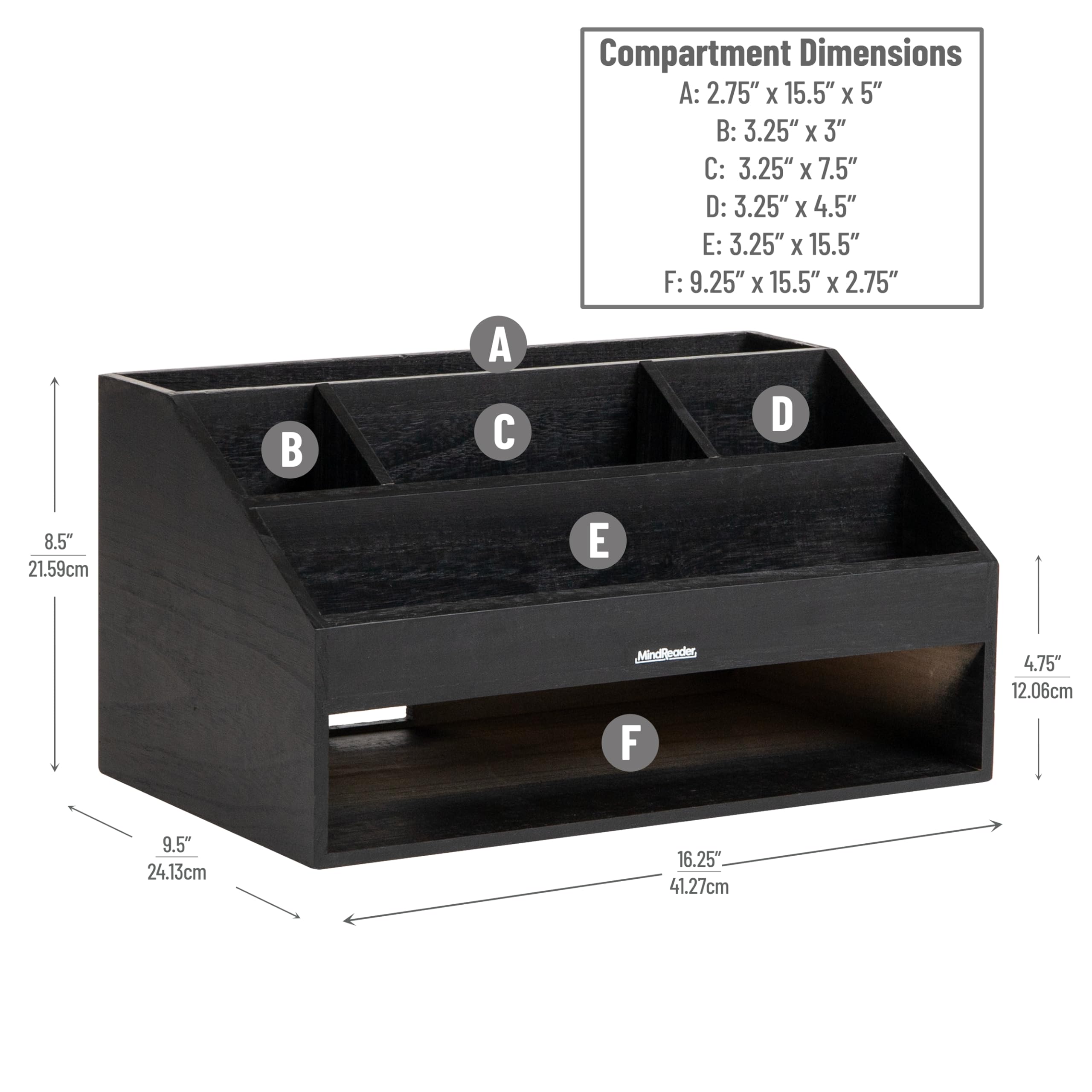 Mind Reader Organiseur de bureau, rangement de fichiers, support d'accessoires, gestion des cordons, bureau, bois, 41,3 x 24,1 x 21,6 cm (L x l x H), noir