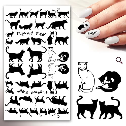 Pegatinas de uñas (5 hojas) FLONZNAIL - Siluetas de gatos negros, decoración de uñas, calcomanías de estilo vintage