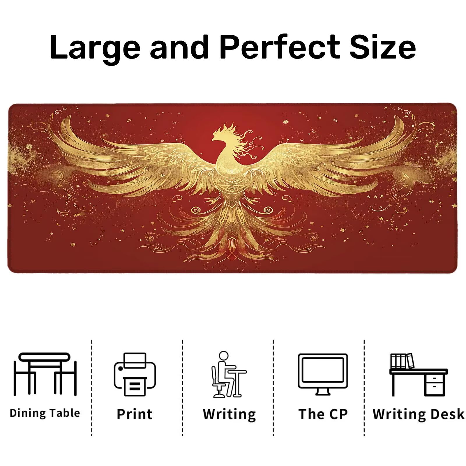 Alfombrilla Ratón Gaming, 1500x600x4 mm Alfombrilla Ratón XXL Fénix de Fuego, Impermeable Alfombrilla Escritorio con Tela de Micro Tejido Superior, Base Antideslizante, Mousepad para Juego (Rojo) U-0