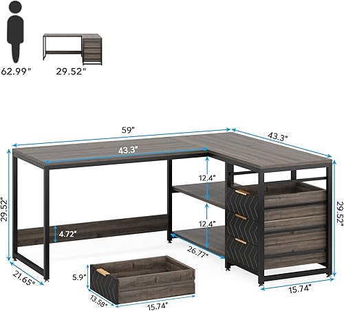 Miniatura 3 de LITTLE TREE Escritorio en forma de L de 59 pulgadas con cajones, escritorio grande para computadora con estantes de almacenamiento, escritorio
