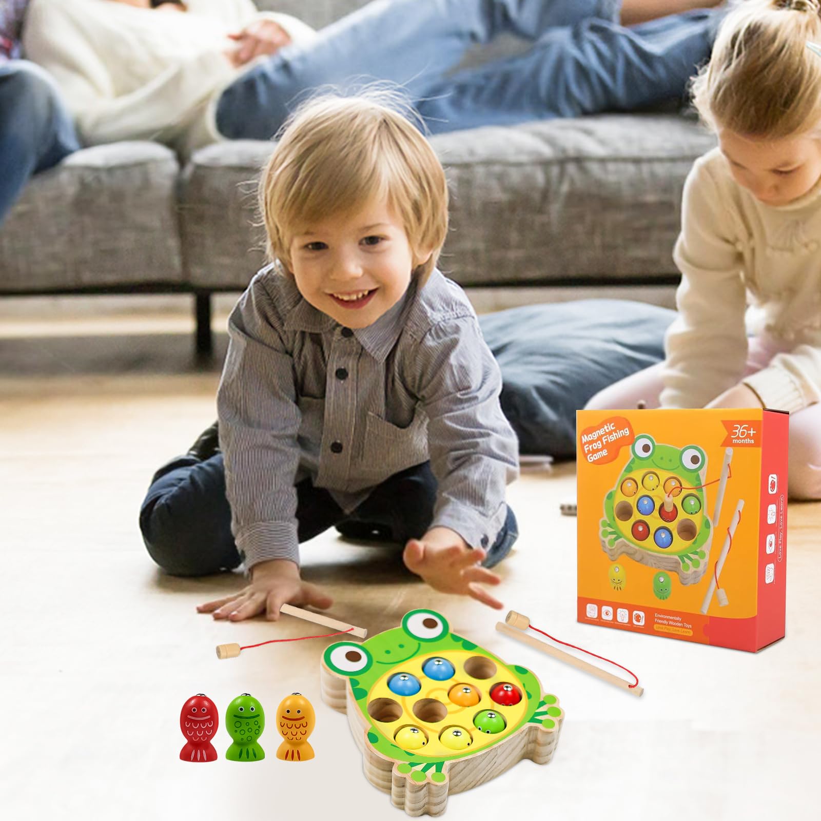 Magnetisches Angelspiel Aus Holz – Mit 10 Fischen & 2 Ruten, Für Kinder Ab 3 Jahren (Frosch-Design)