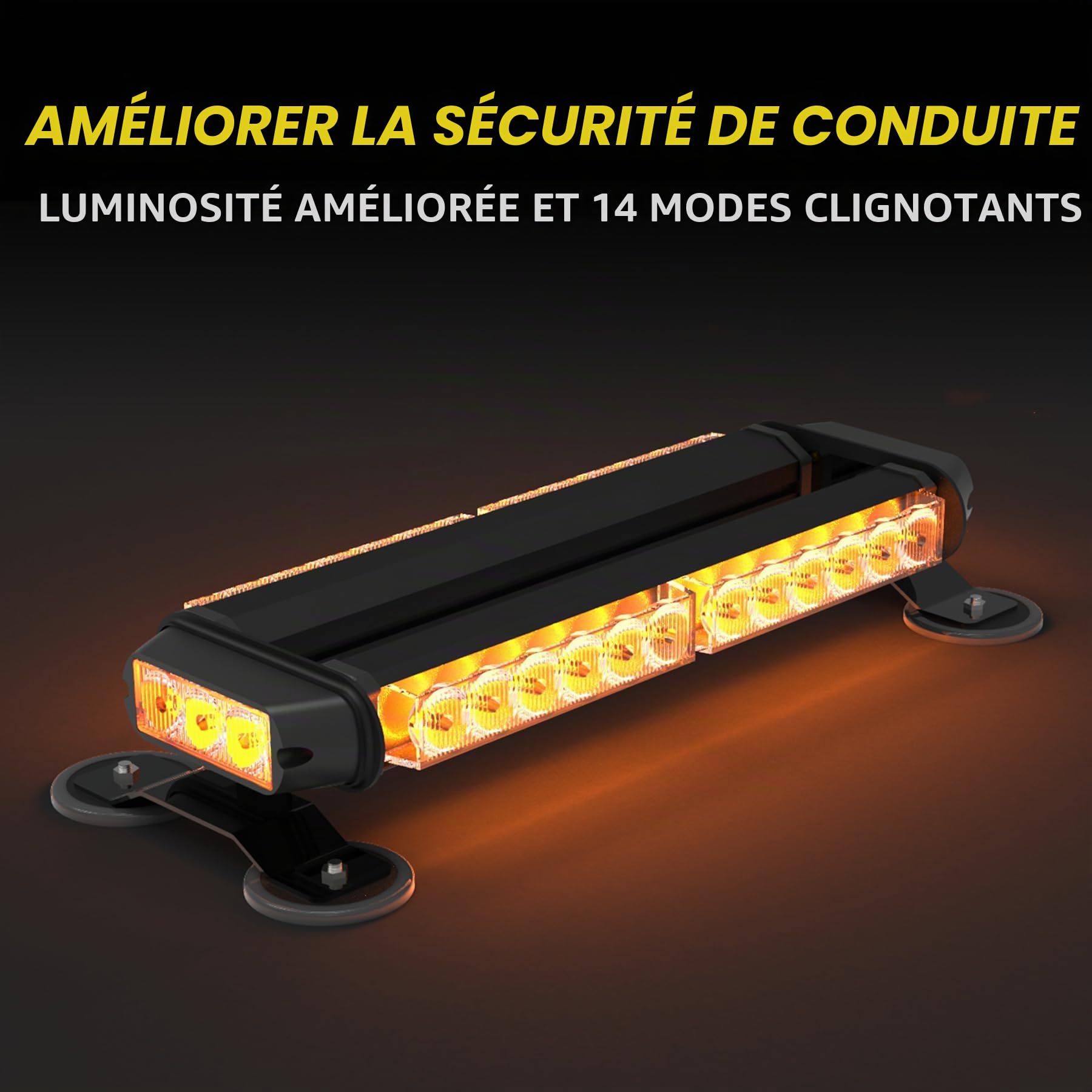 38cm 30 LED Barre Lumineuse Stroboscopique, 14 modes 12/24v Rampe Gyrophare Avertissement magnétique clignotant d’urgence, Ambre