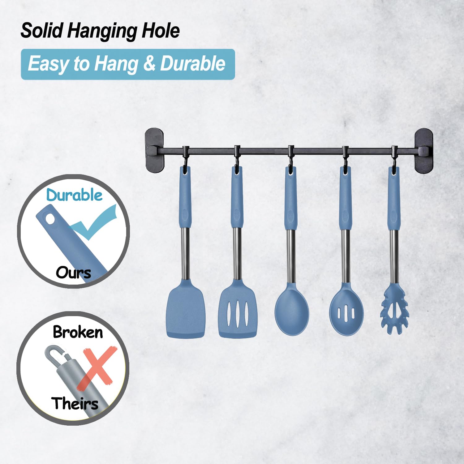 Espátula de silicona y cuchara de cocina, paquete de 5 cucharas y espátulas sólidas y ranuradas de silicona resistente al calor para cocina, mango de acero inoxidable recubierto con silicona,