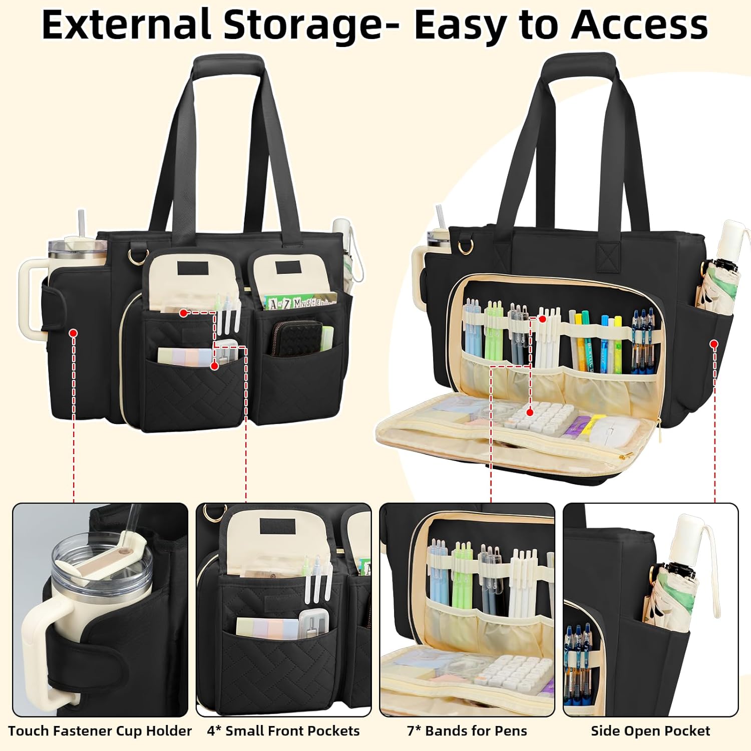 Teacher Tote Bag with 15.6 Inch Laptop Compartment, Soft Nylon Teacher Utility Bag with Multiple Pocket& Shoulder Strap, Large Work Tote Bag for Office& Teacher Supplies Organizer Women (Black)