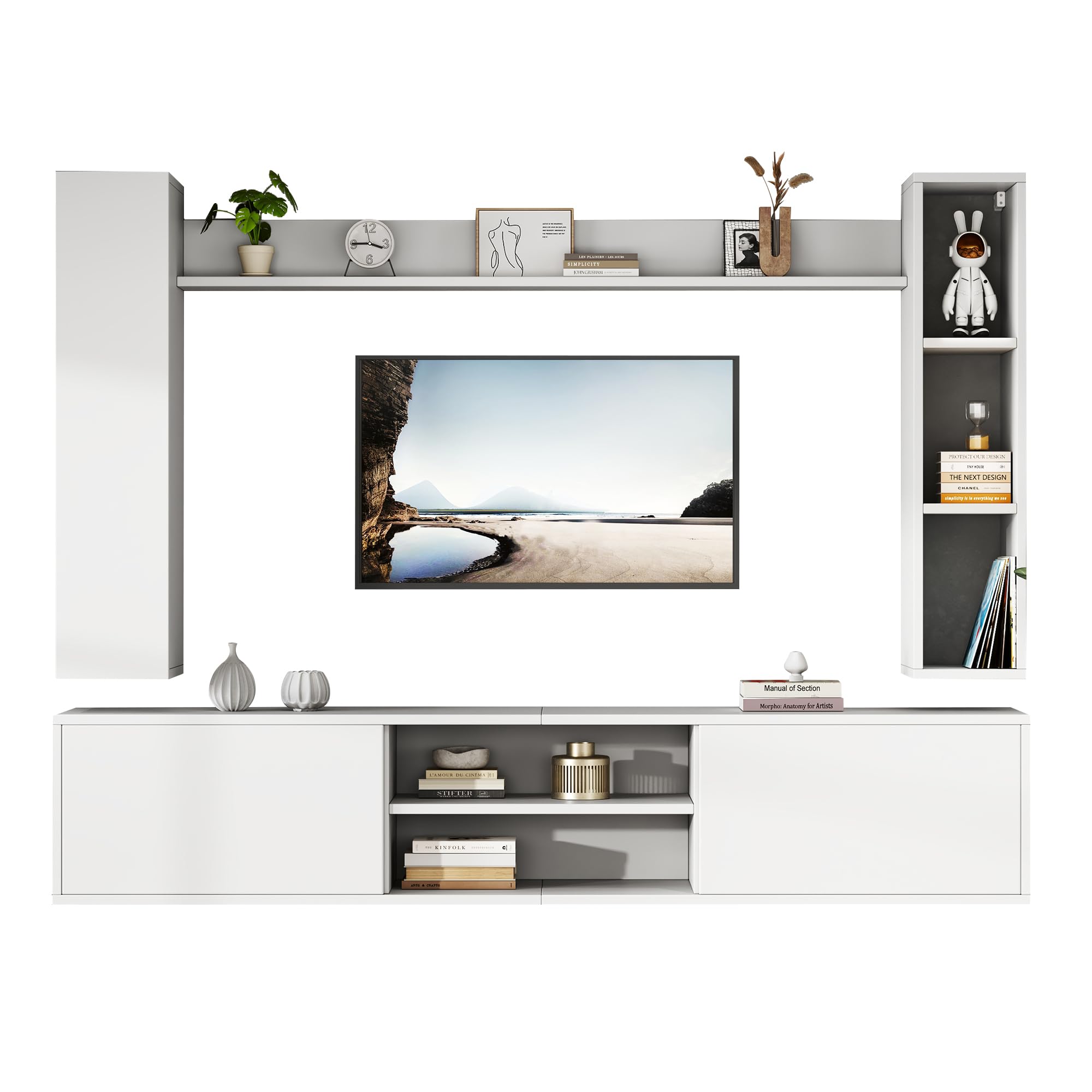 Set completo da parete per soggiorno, TV, mobili da soggiorno (set completo, 4 pezzi), scheda TV (vetrine) + scaffale + 2 mensole da parete (in piedi/sospeso), per TV fino a 80", 180 x 35 x