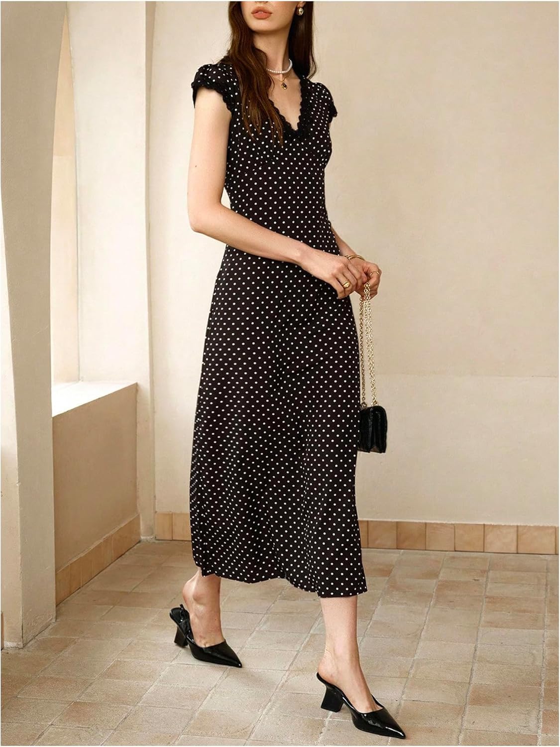 Milumia Women's Polka Dots Cap Sleeve Maxi Dress Elegant Lace Trim V Neck A Line Dresses - Image 5