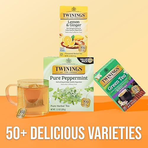 Miniatura 6 de Twinings Lemon & Ginger - Bolsas de té de hierbas envueltas individualmente, 6 paquetes de 25 unidades, jengibre picante, cáscara de limón y