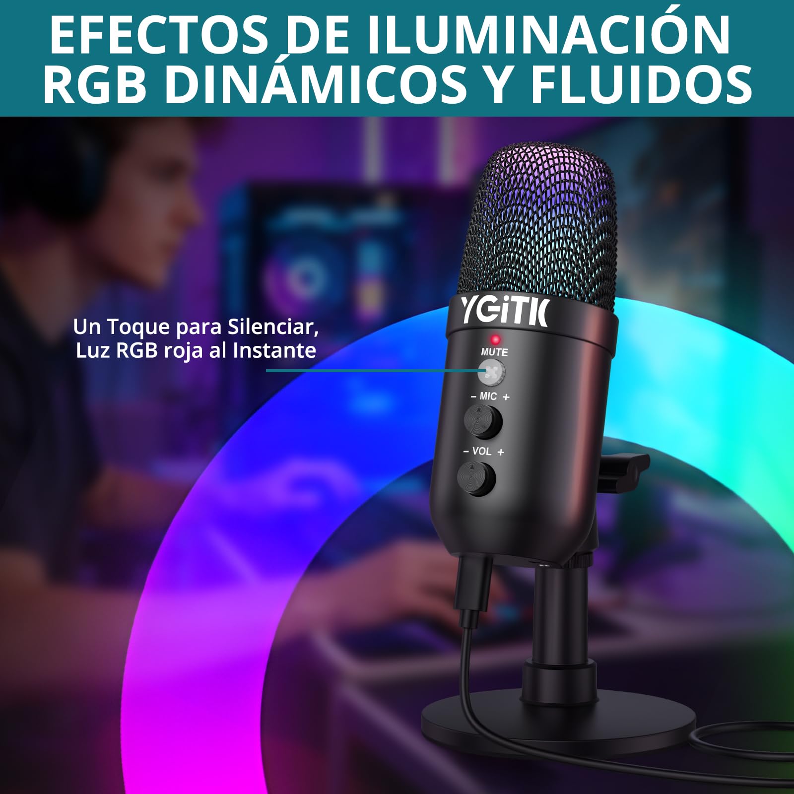 Micrófono USB，Microfono PC Gaming RGB,Reducción Inteligente del Ruido con Audio de 3.5 mm Plug & Play para PC Teléfonos, Canto, Youtube,Facebook TIK Tok Compatible con Mac, Windows