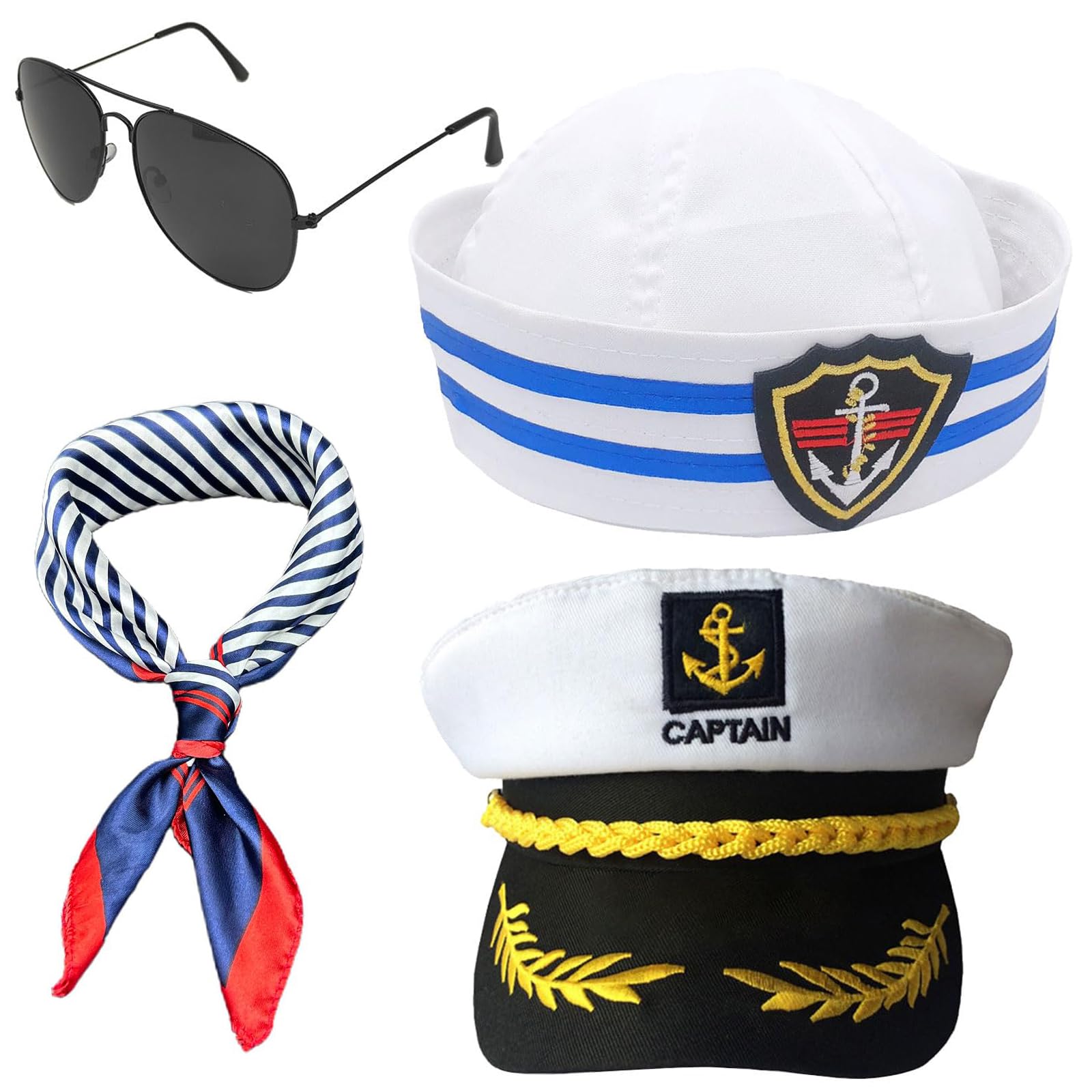 ZPSCXQ 4-Piece Captain Hat Set, Sailor Costume Accessories with Glasses, Badge and Ribbon, Yacht Party Hat Roleplay Props for Adults