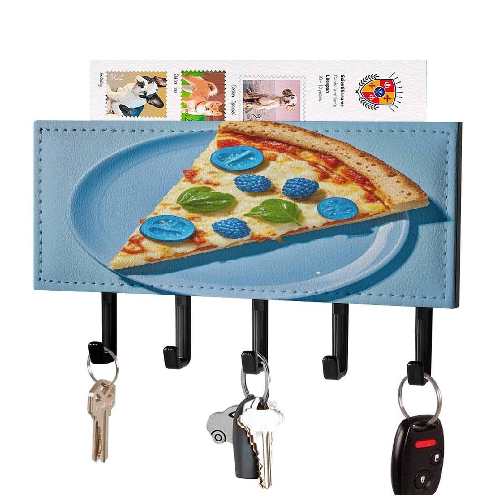 Fekiloot Black-Style Light Blue Pizza Slice Key Holder Wall Mount Key And Mail Holder Key Hanger With 5 Hooks Decorative Pu Key Rack Hanging Key Hooks For Wall Living Room Kitchen Bathroom Hallway